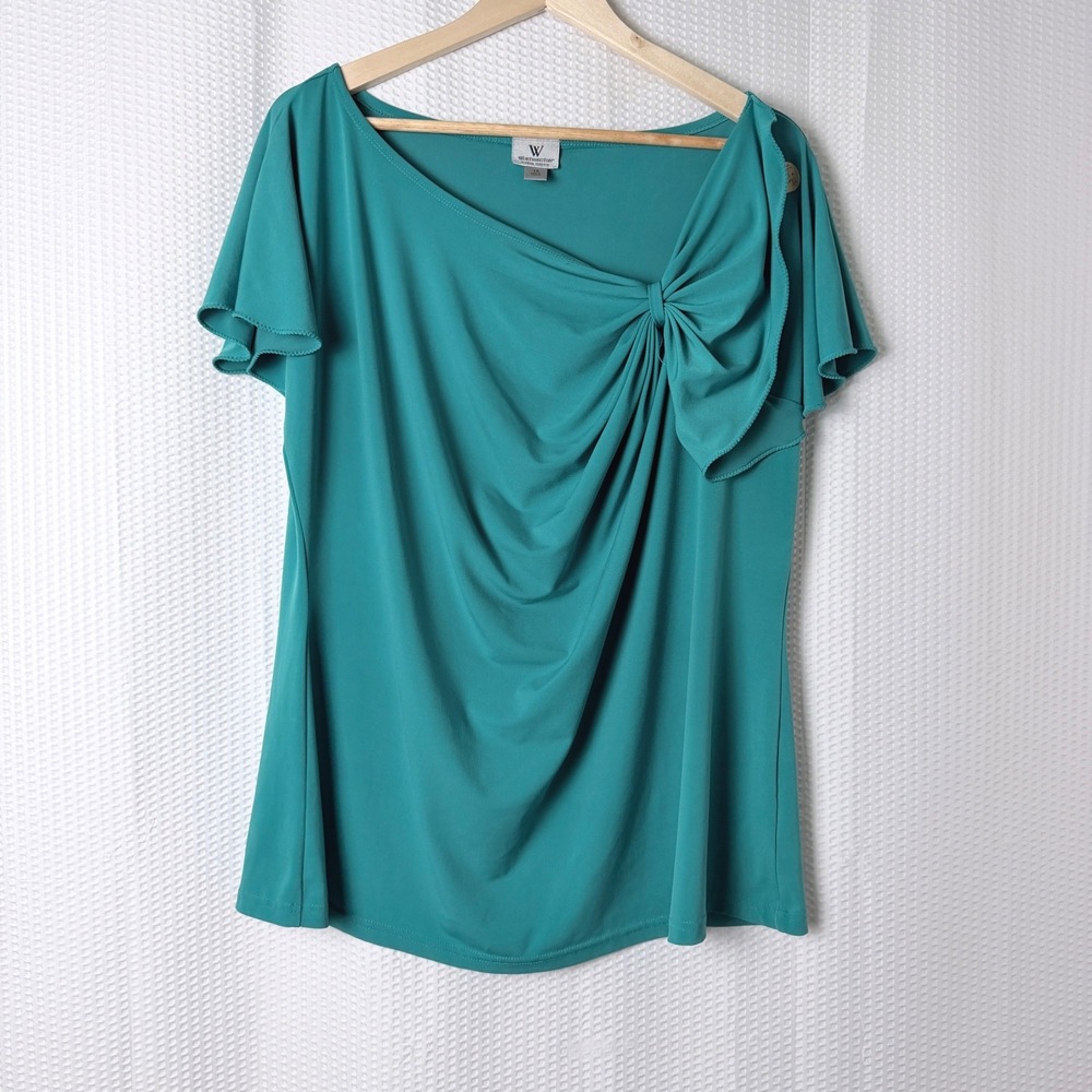 Worthington Blouse Women Plus Size 1X Teal Asymmetrical Bow Office Modern Career